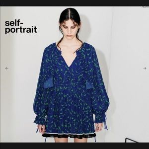 Self Portrait Blue Green Crescent Chiffon Cape Pleated Mini Cocktail Dress US 6